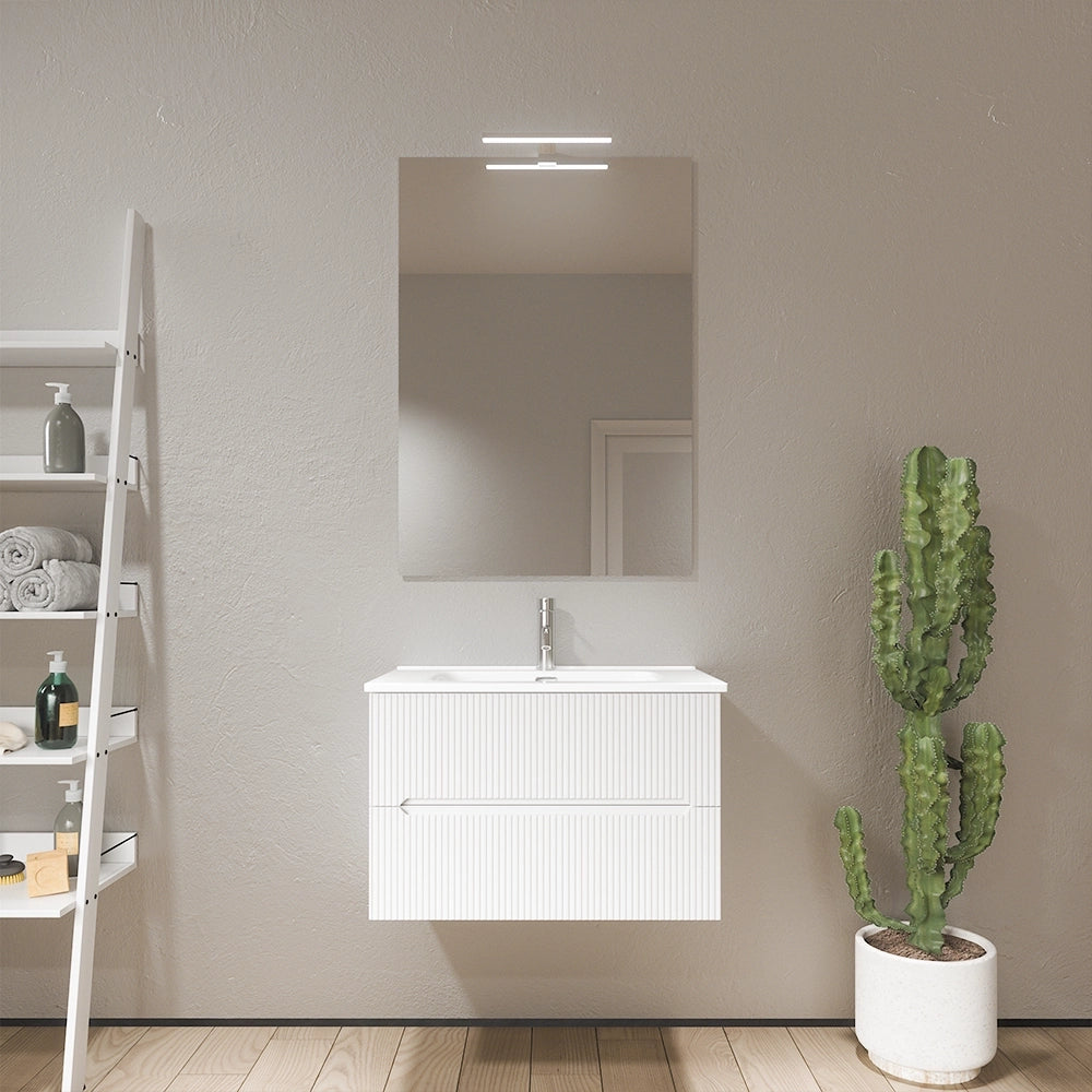Mobile bagno sospeso 90cm cannettato bianco opaco con lavabo in ceramica e specchio | Kaindy