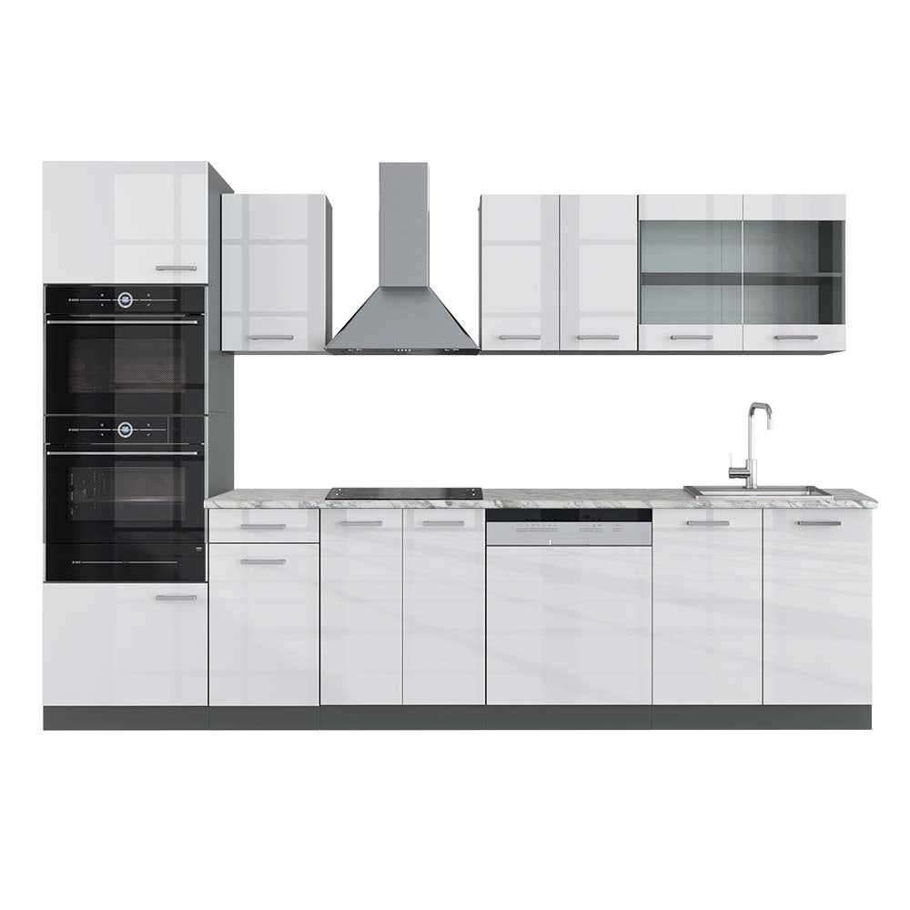 Vicco Cucina componibile Bianco lucido/antracite 300 cm con armadio alto, PL Marmo