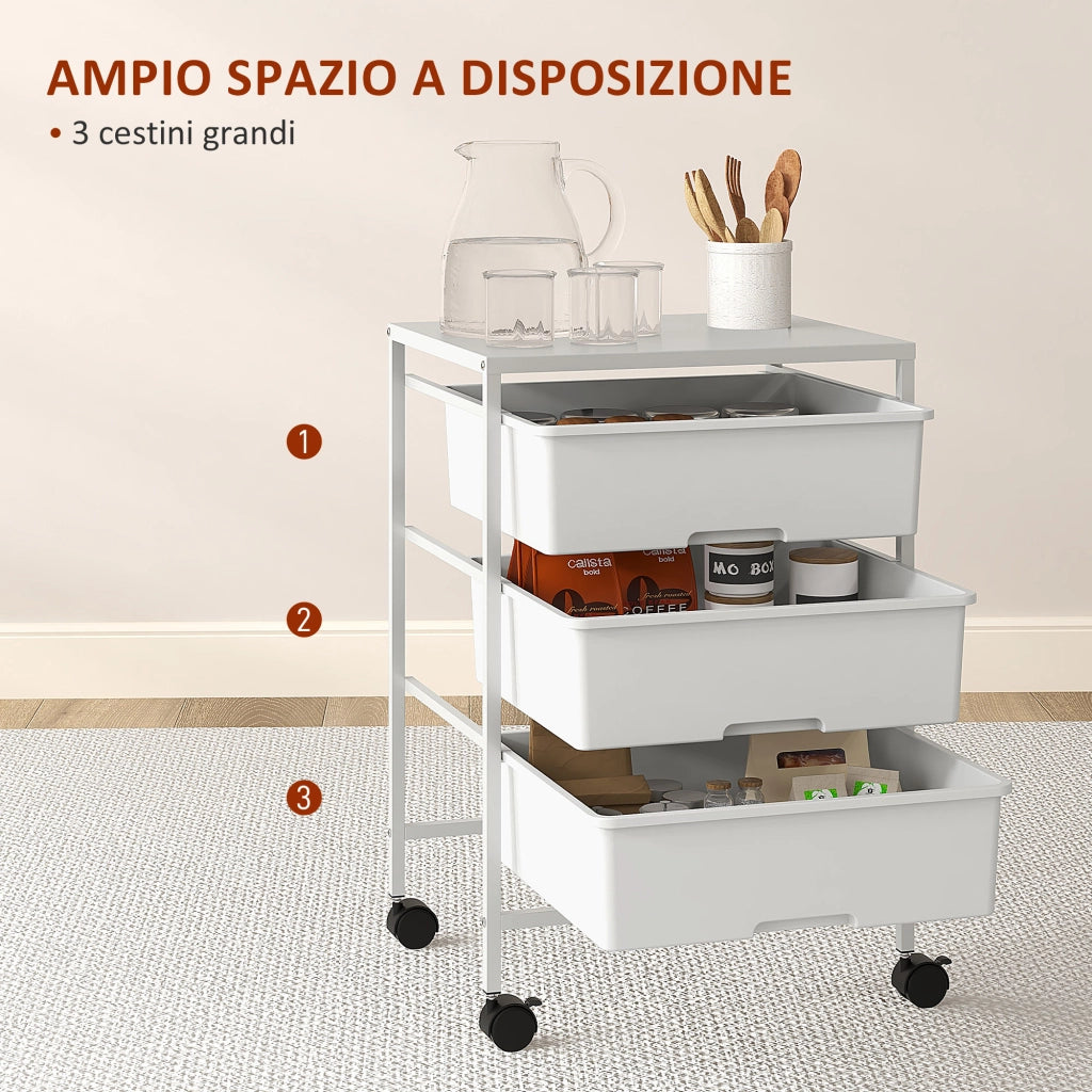 Carrello Multiuso con 3 Cestini Estraibili e Ruote ¨C zephmum ¨C Acciaio e PP, Bianco