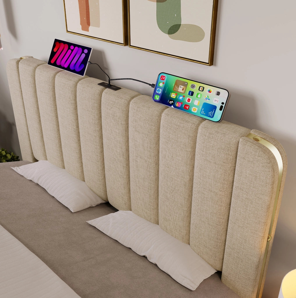 Letto matrimoniale imbottito 140x190 cm in lino beige con 4 cassetti; porte USB e Type-C