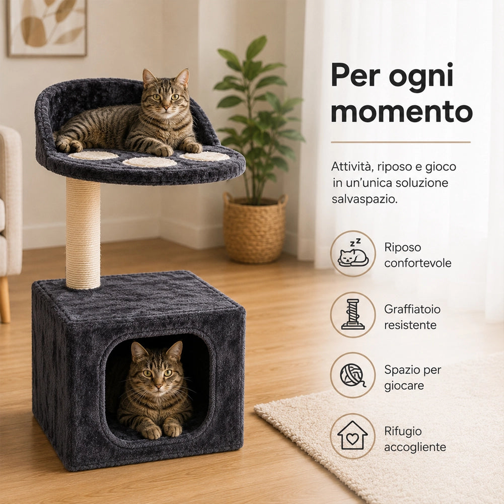 Albero Palo Tiragraffi Gatti con Cuccia e Piattaforma 68x30cm Peluche e Sisal