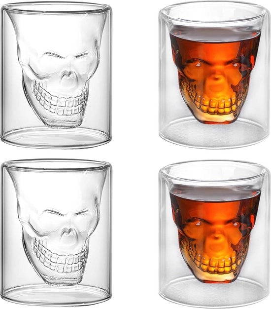 Set di bicchieri a forma di teschio in cristallo da 4 pezzi - bicchieri a doppia parete - 150 ml - bicchieri divertenti per whisky - birra - vino - cocktail - tequila.