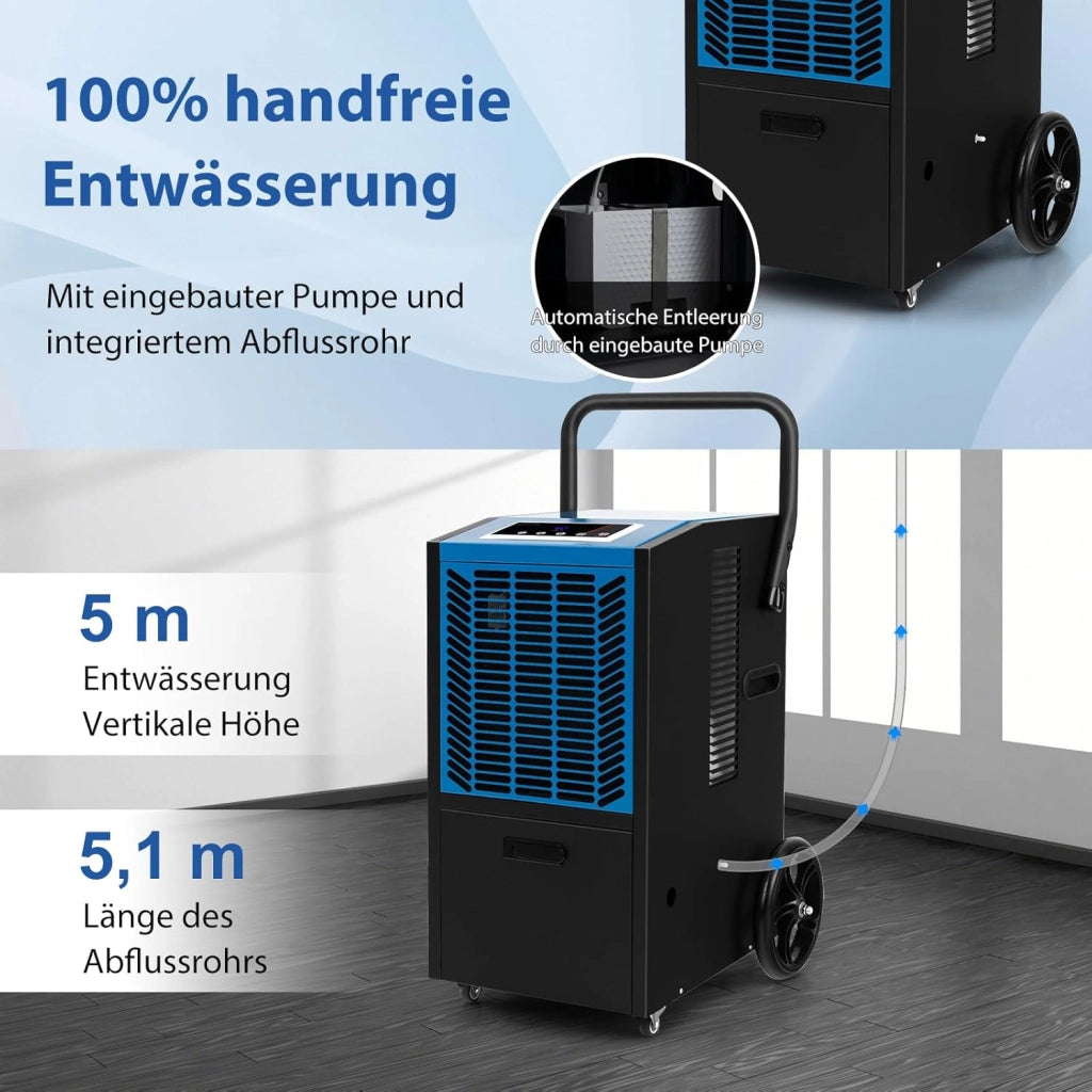 Deumidificatore Elettrico 66L/Giorno, Deumidificatore Professionale con Pompa di Scarico Automatica, Tubo di Scarico, Filtro Rimovibile, per Cantine, Magazzini, Scantinati (Nero+Blu)