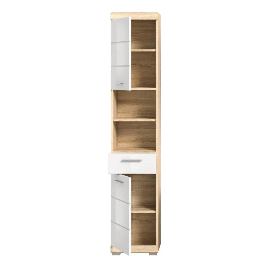 Colonna da bagno LEWOTO – 2 porte, 1 cassetto – Bianco e rovere chiaro
