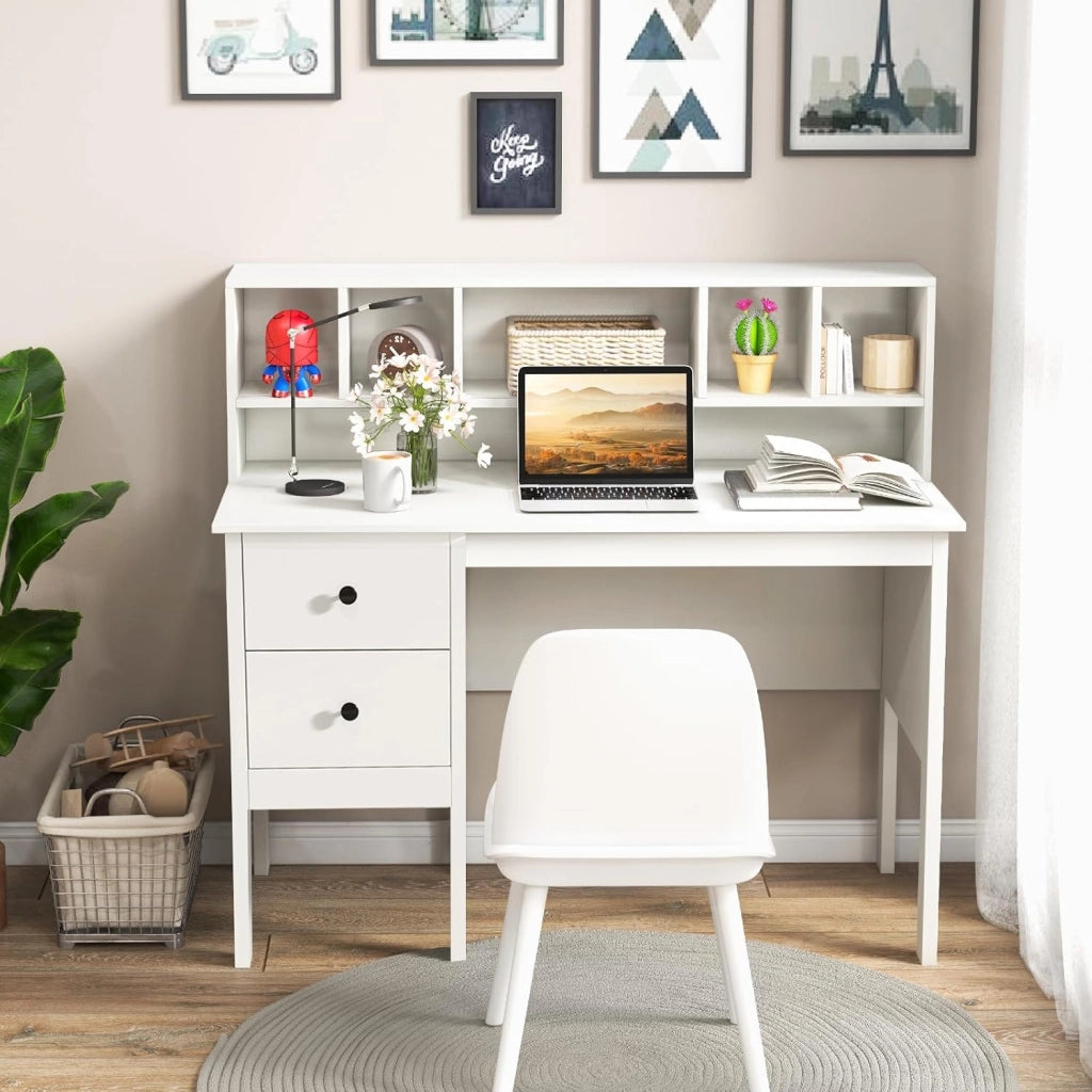 Scrivania con Cassetti e Libreria, Scrivania Salvaspazio con 5 Vani e 2 Cassetti, Scrivania Moderna da Ufficio e Casa, Bianco