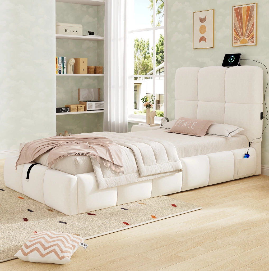 Letto singolo per bambini 90x200 cm con contenitore idraulico; USB C; velluto beige