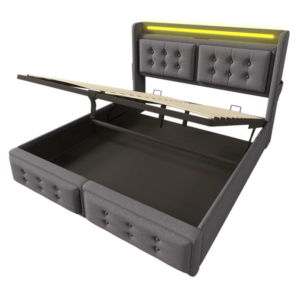 Letto matrimoniale 140x200 con LED; presa USB e Type-C; contenitore sollevabile; grigio