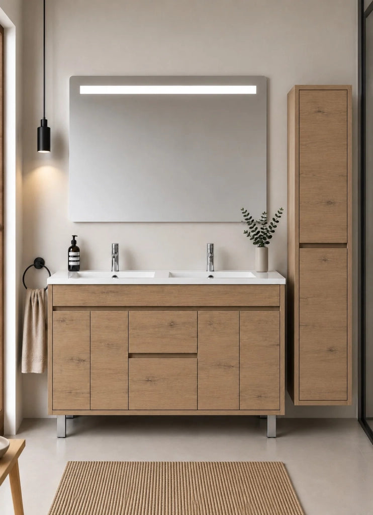 Mobile bagno con lavabo ORIGENBATH ISQUIA senza specchio 120x45 cm doppio lavabo estepa con colonna