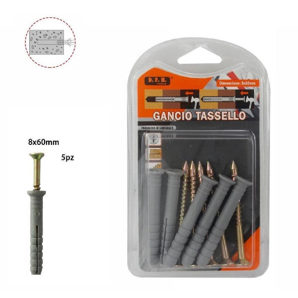 Trade Shop - Set 5 Pz. Tasselli Fisher Viti Vite Chiodi Gancio Tassello Misura 8 X 60mm 69053 -