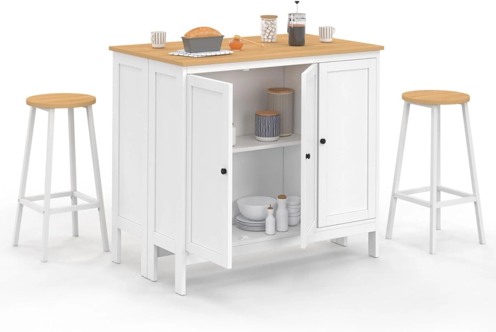Tavolo bar ad isola Achille e 2 sgabelli in legno bianco con piano in faggio