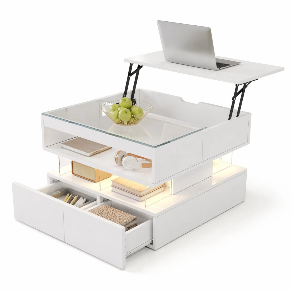 Tavolino da salotto con piano sollevabile 70 x 67 x 57 cm; LED 16 colori; vetro; bianco