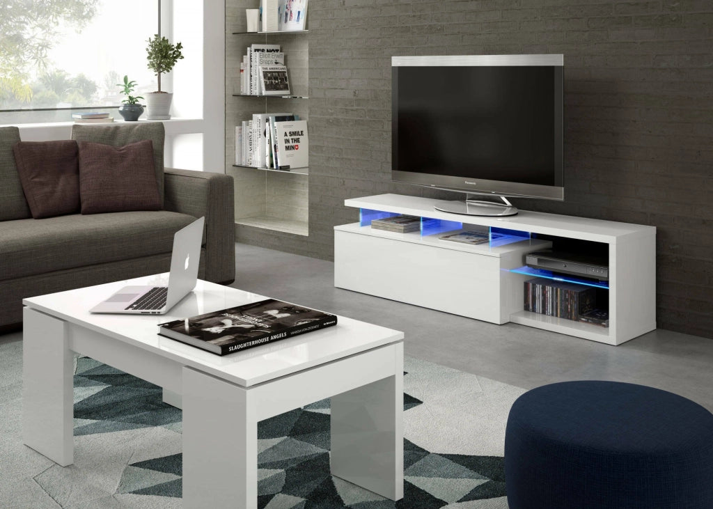 Mobile porta TV Amiuty, Credenza per televisione da soggiorno con 1 anta, Supporto TV con luce led, Buffet da salotto, cm 150x41h50, Bianco lucido