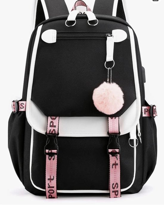 Zaino per ragazze, zaino per ragazzi, zaino con porta caricabatteria USB, per adolescenti, borsa per la scuola per donne, università, viaggi, tempo libero, zaino ergonomico per bambini con appoggio per capelli, nero, Large, zaino per la scuola