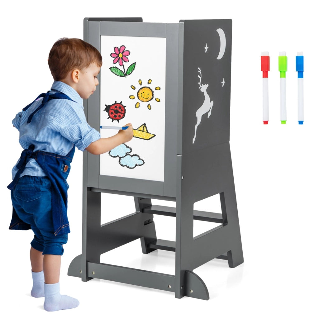 Torre per bambini con 3 penne lavagna bianca e nera piattaforma e gradino regolabili, Sgabello per bambini porta 70kg Grigio-Per i bambini