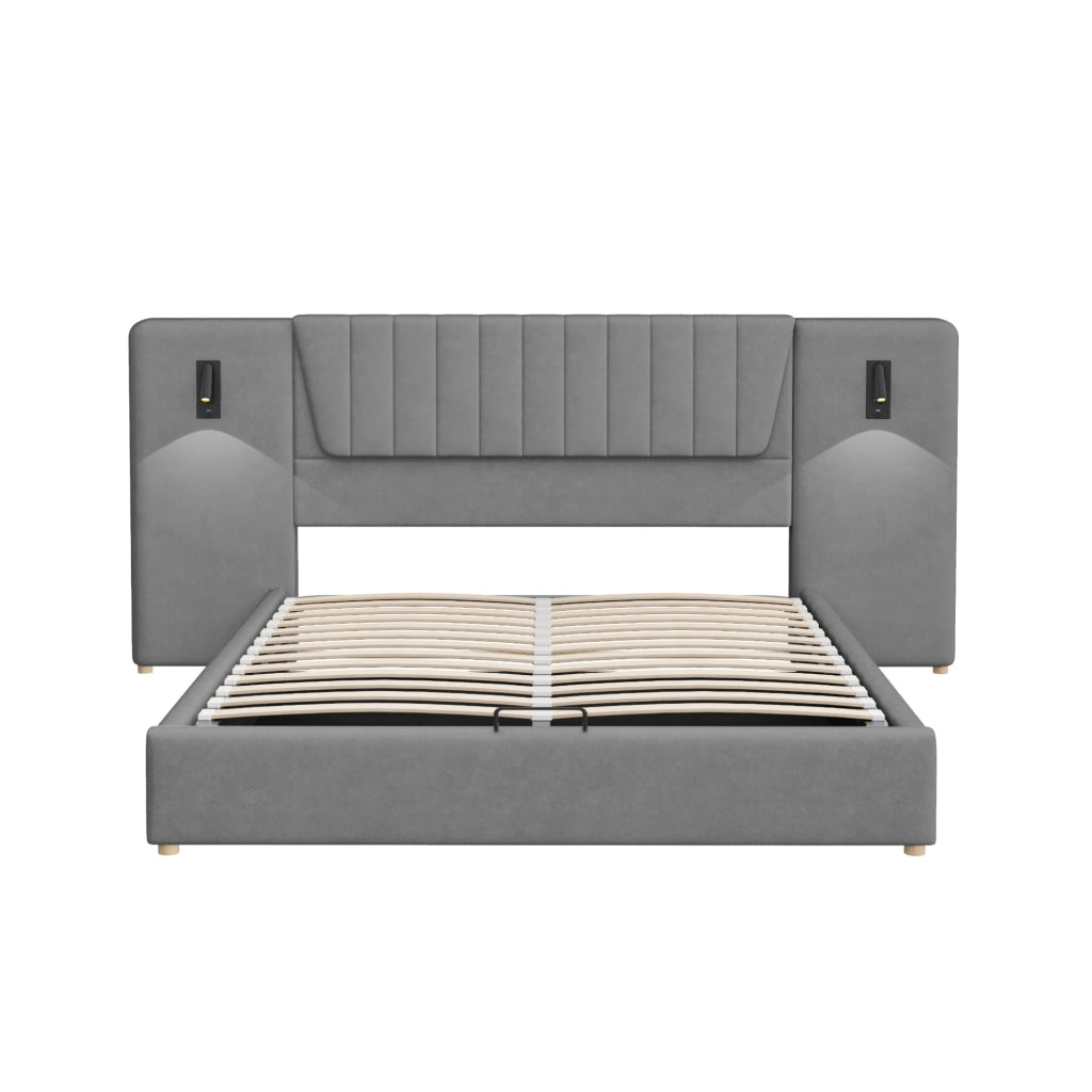 Letto imbottito 180x200 cm con testiera extra lunga; lampade da lettura e contenitore in velluto grigio