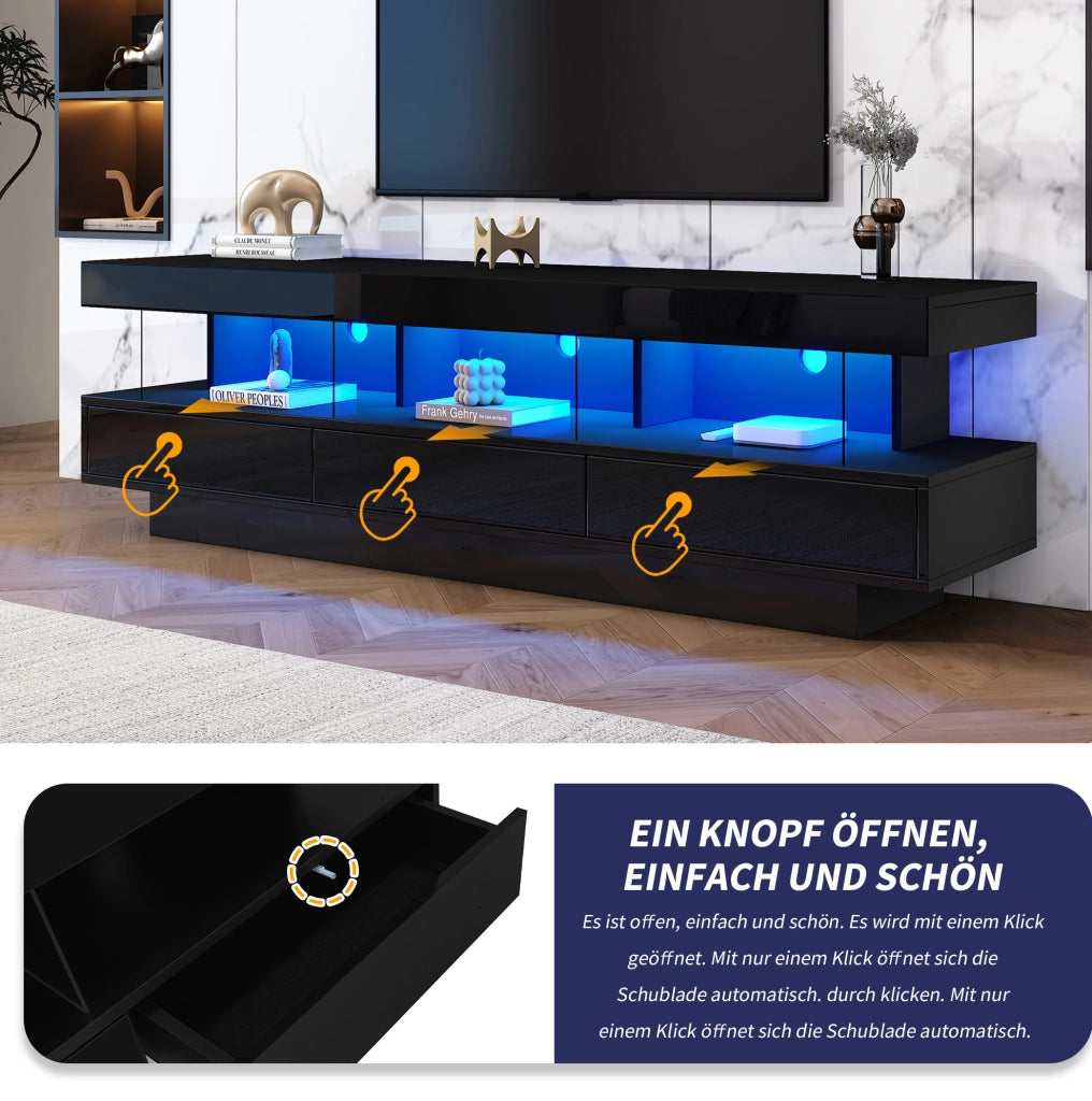TV moderno nero lucido con LED e 3 vani in vetro
