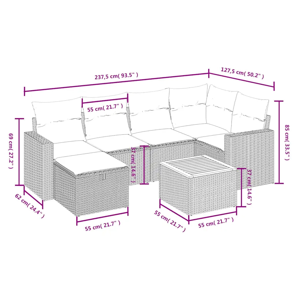 Set Divani da Giardino 7 pz con Cuscini Beige in Polyrattan