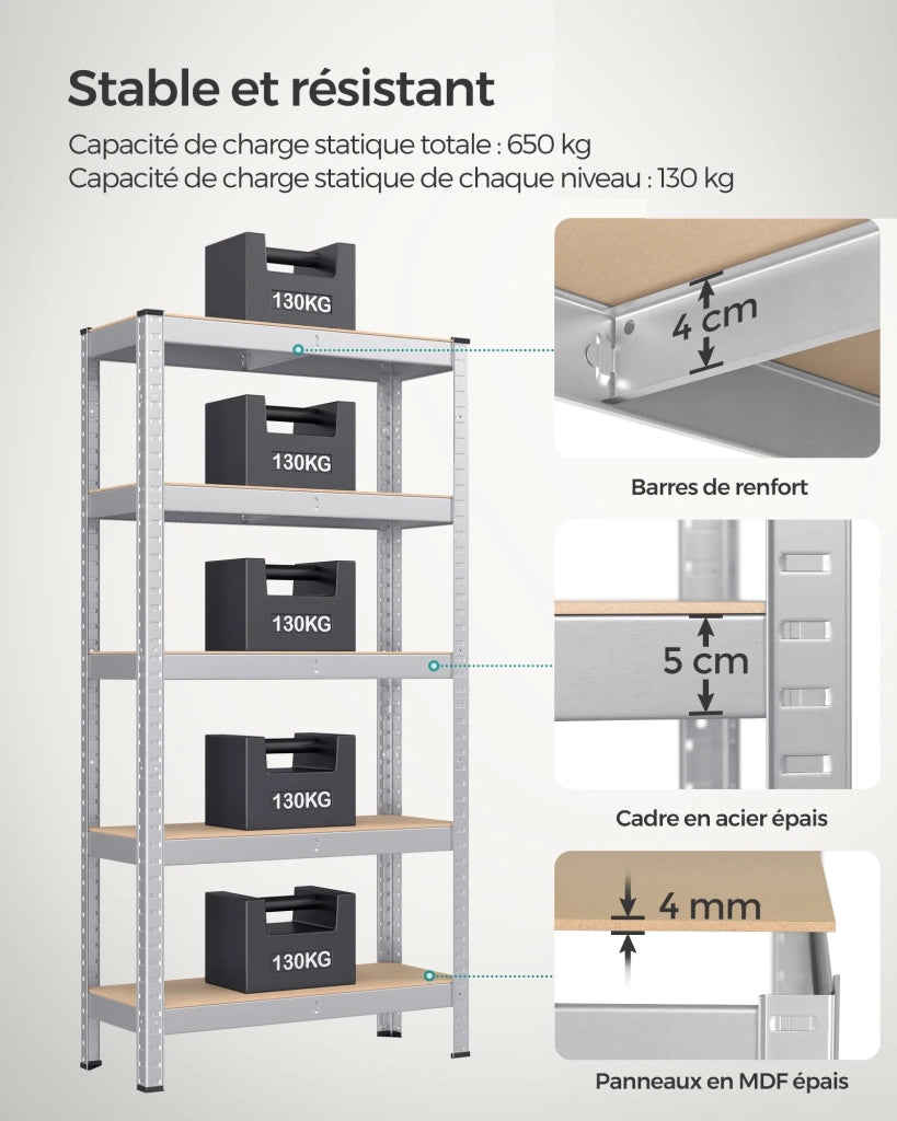 Scaffale a 5 ripiani per carichi pesanti 150 x 75 x 30 cm capacità di carico totale 650 kg (130 kg/ripiano) stile industriale ripiani regolabili per soggiorno/cucina grigio 12_0005445