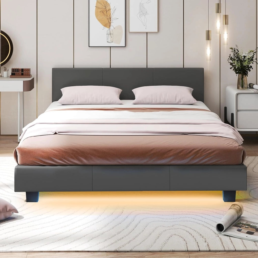 Letto Matrimoniale in Legno, Struttura per Letto Con Testiera Imbottita Luce LED Multicolore e Telecomando, Carico 200 kg, Silenzioso (Grigio)