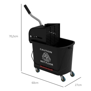 Carrello lavapavimenti con secchio da 20 L, strizzatore, 2 scomparti, 4 ruote, nero