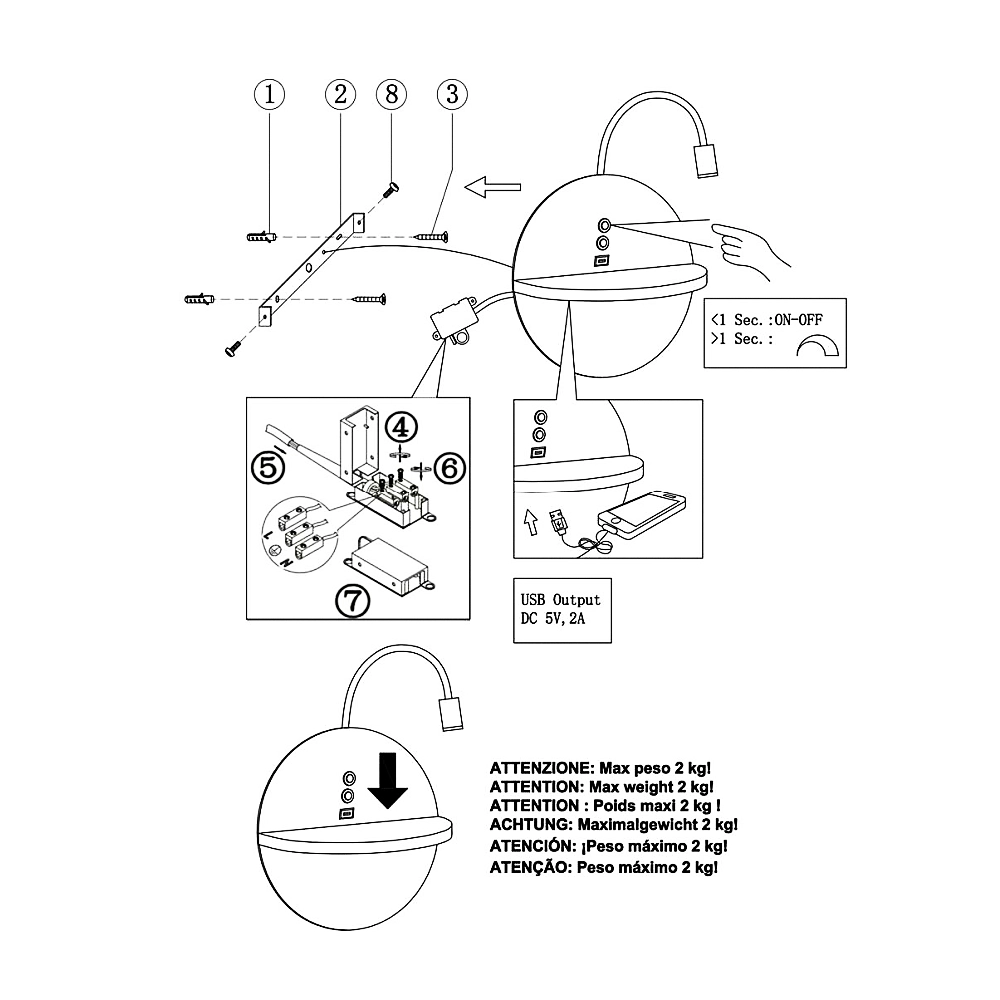 Dual - Applique da parete con mensola e luce LED 15W Fabas Luce Touch dimmer - Nero opaco con legno USB integrata