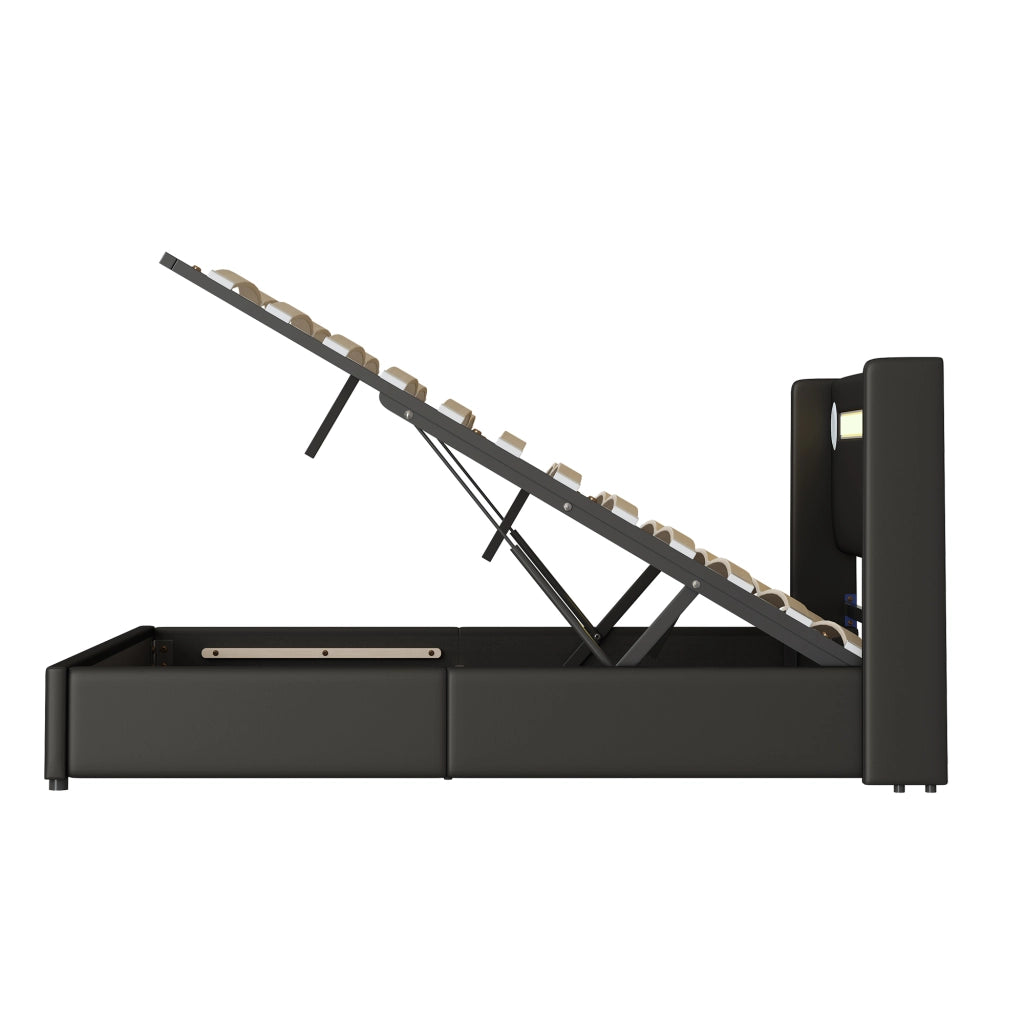Letti contenitori 160x200 cm con LED; Bluetooth e USB; pelle PU nero (Senza materasso)