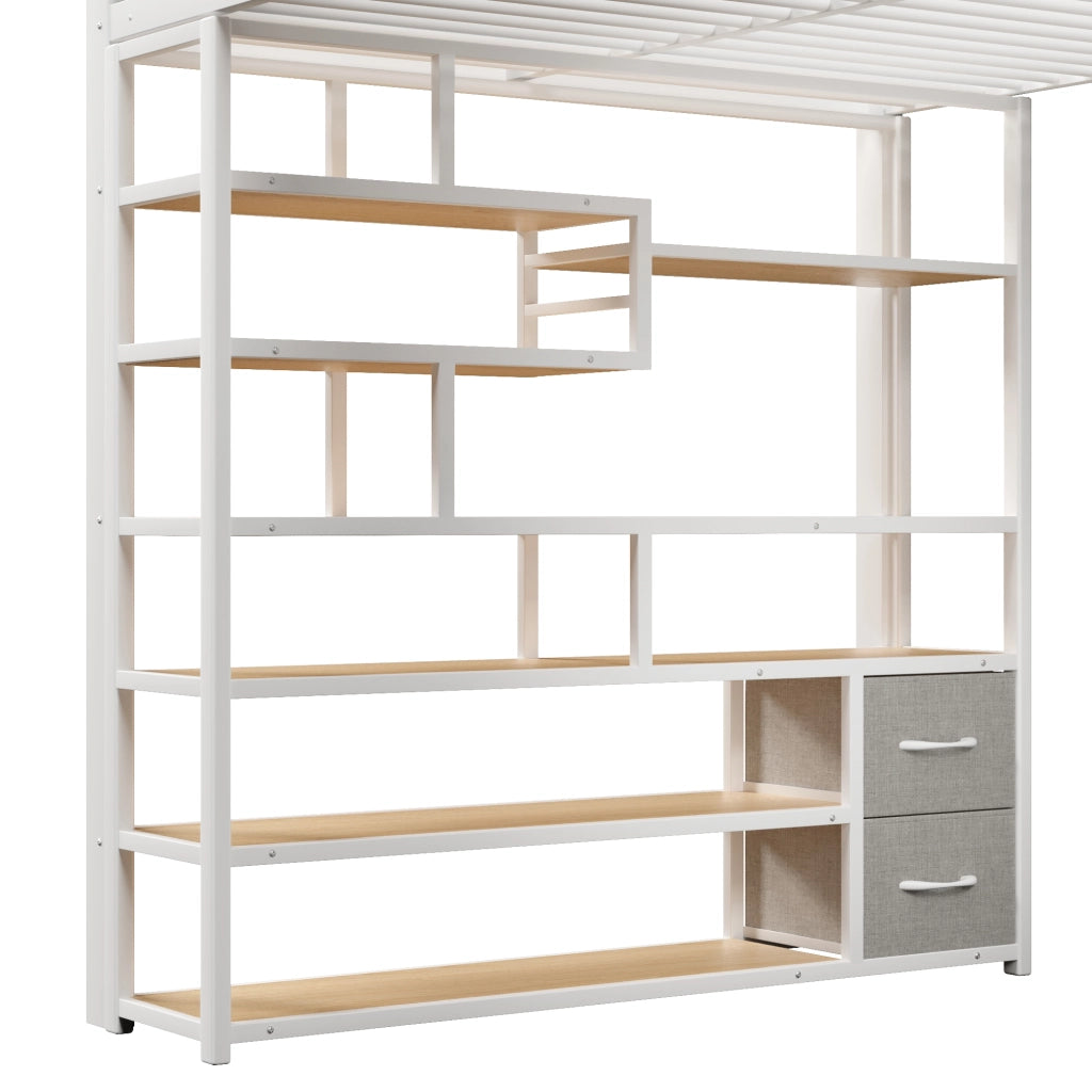 Letto a soppalco in metallo 140x200 cm con vani portaoggetti; scala integrata; LED; 2 cassetti in tessuto; bianco