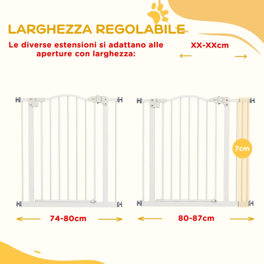 Cancelletto per Cani Estensibile 74-87x78 cm con 2 Blocchi e Chiusura Automatica in Metallo e Plastica Bianco