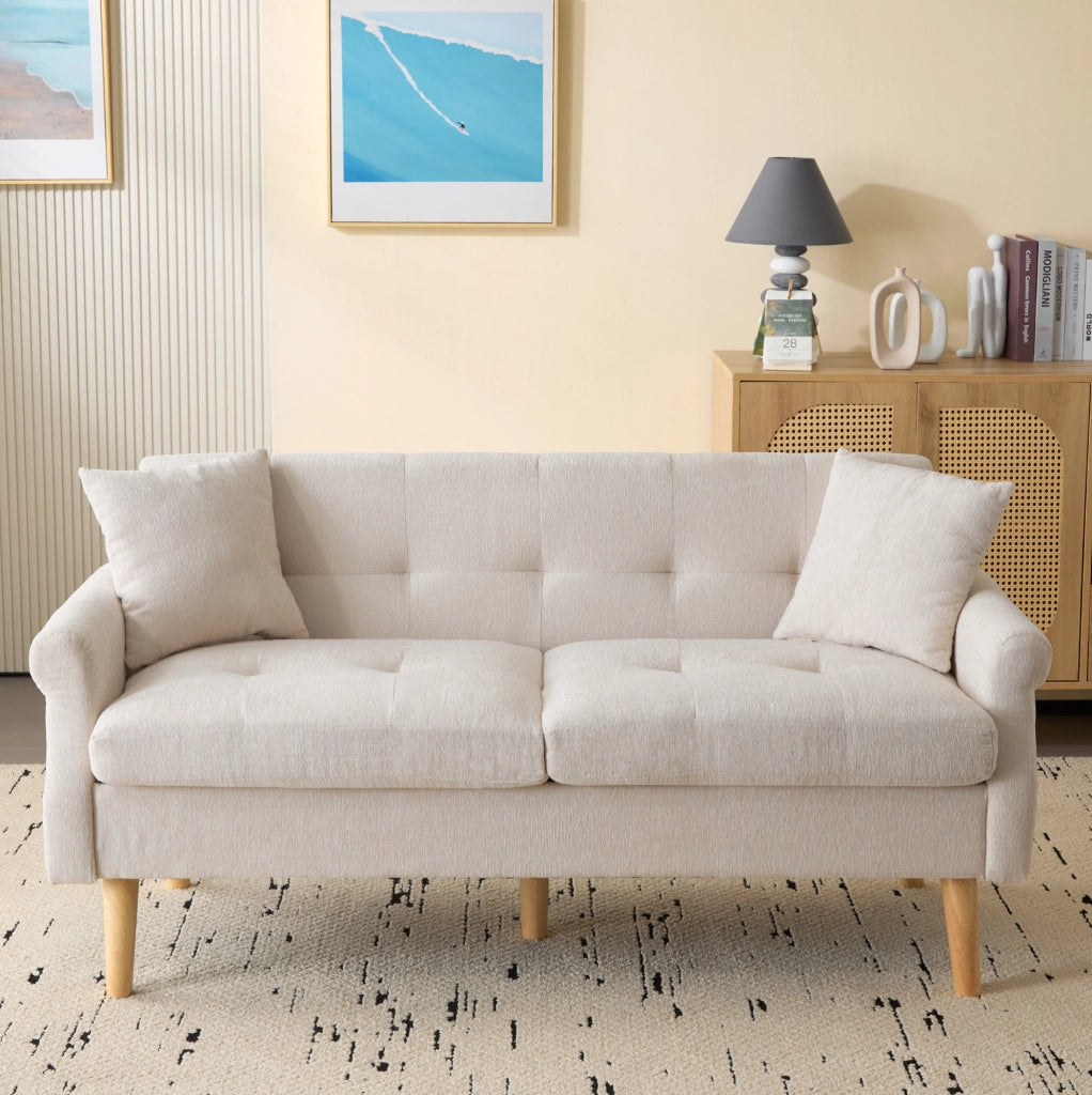 Divano 2 posti in chenille beige con cuscini; 162x74x77 cm
