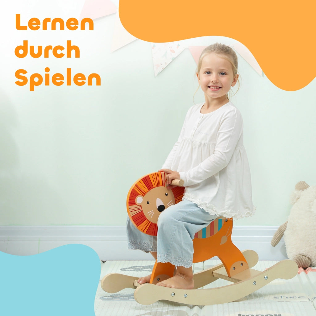 Cavallo a dondolo con design leone ¨C zephmum ¨C legno, arancione, 25 kg