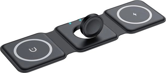 Caricabatterie 15W 3-in-1 iniettore di carica - Stazione di ricarica wireless per iPhone e Samsung Galaxy - Ripiegabile e magnetico - Compatibile con Apple Watch e AirPods Pro 2 - Nero