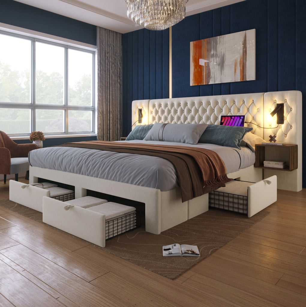 Letto matrimoniale 180x200 cm in velluto beige con 2 comodini; 4 cassetti; luci lettura e ricarica USB Type C