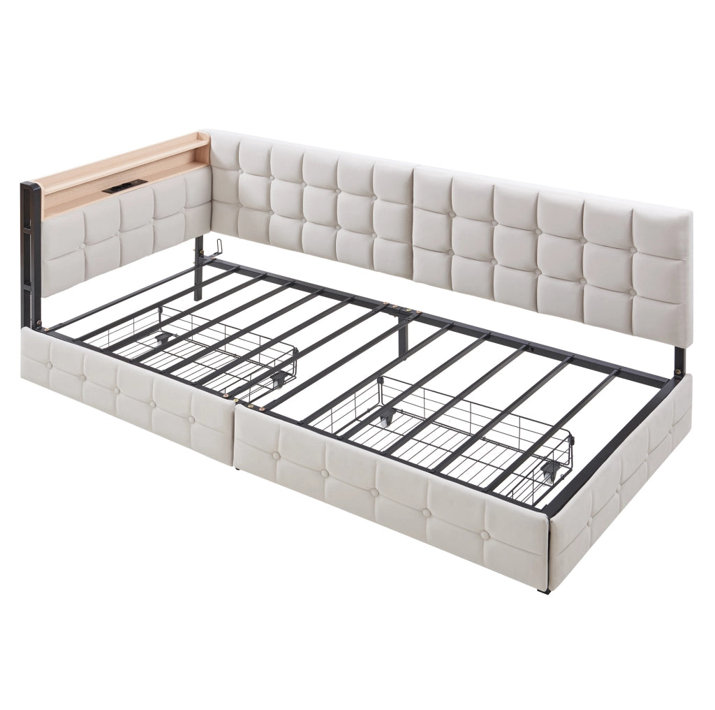Divano letto 90x200 cm con 2 cassetti, LED, USB e USB-C in velluto beige