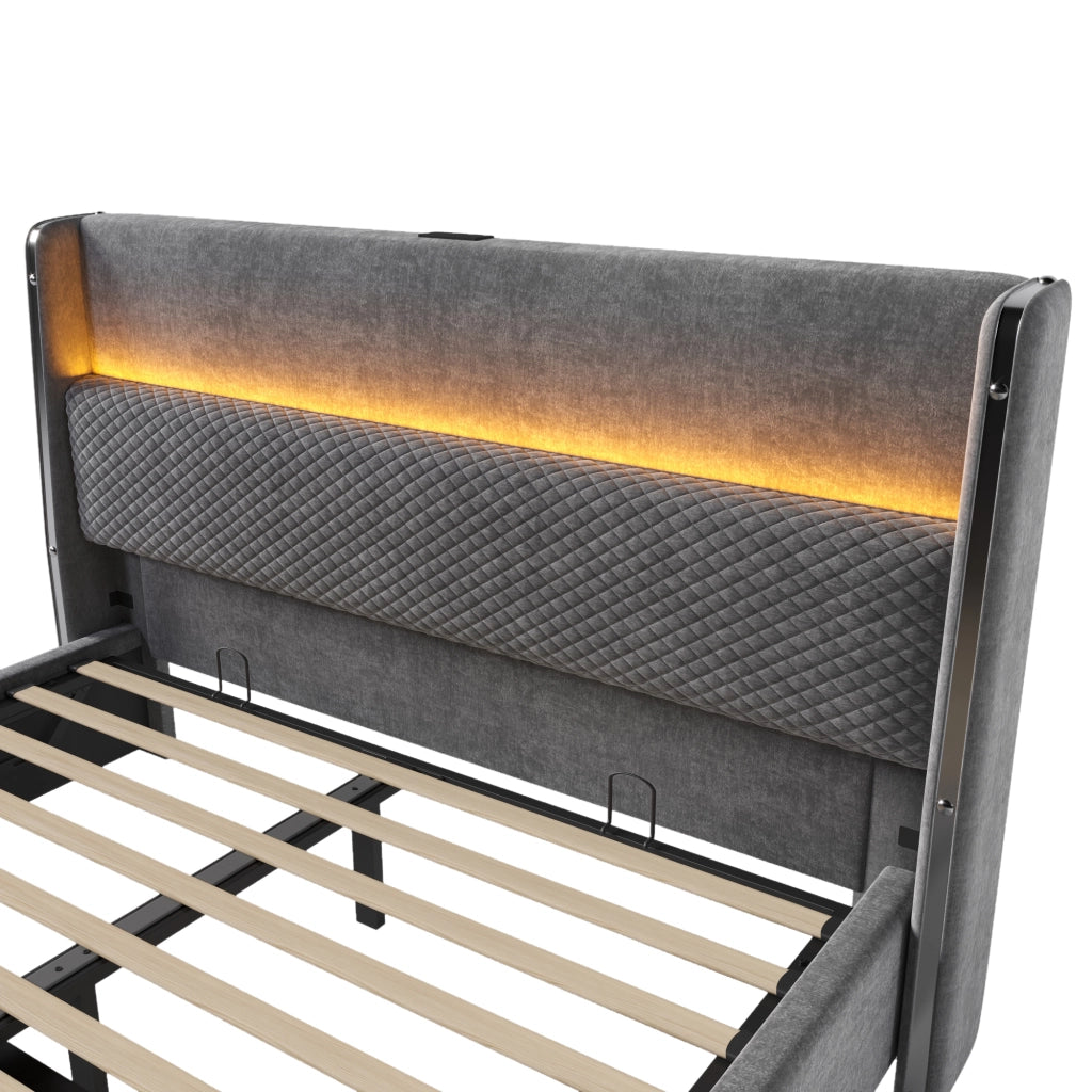 LETTO Contenitore Idraulico 140x200 cm Grigio in lino con LED e porte USB/Type-C