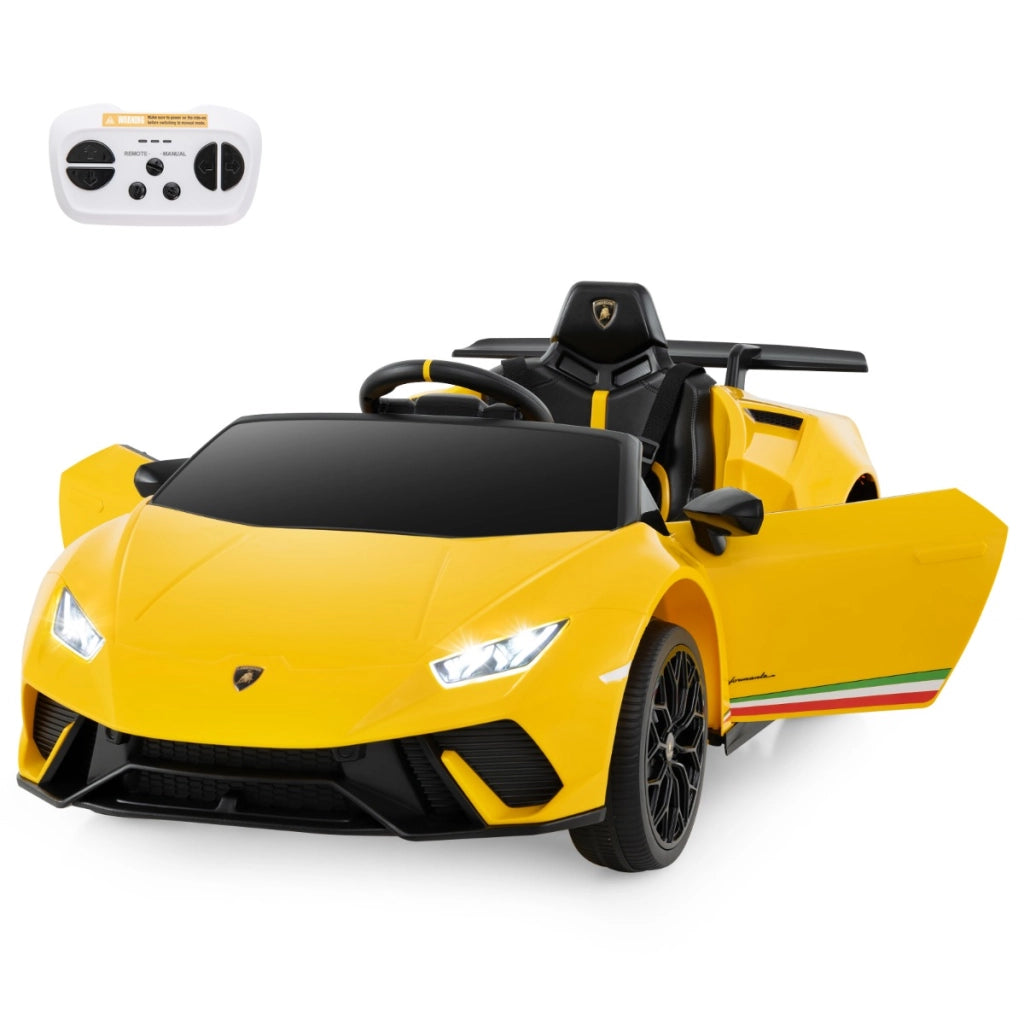 Auto elettrica 12V con telecomando luci LED musica clacson e sospensioni a molla, Auto sportiva a batteria Giallo-Macchinine giocattoli