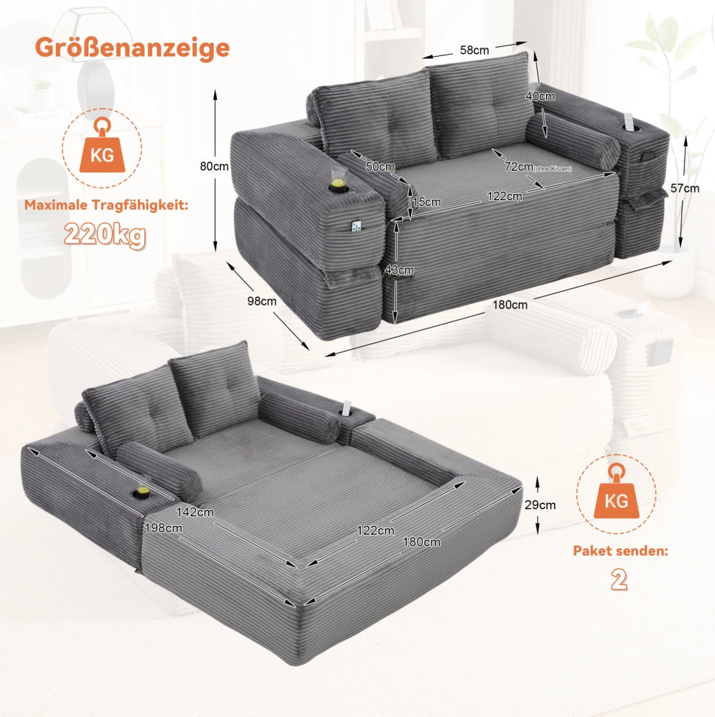 Divano letto modulare in velluto a coste grigio scuro