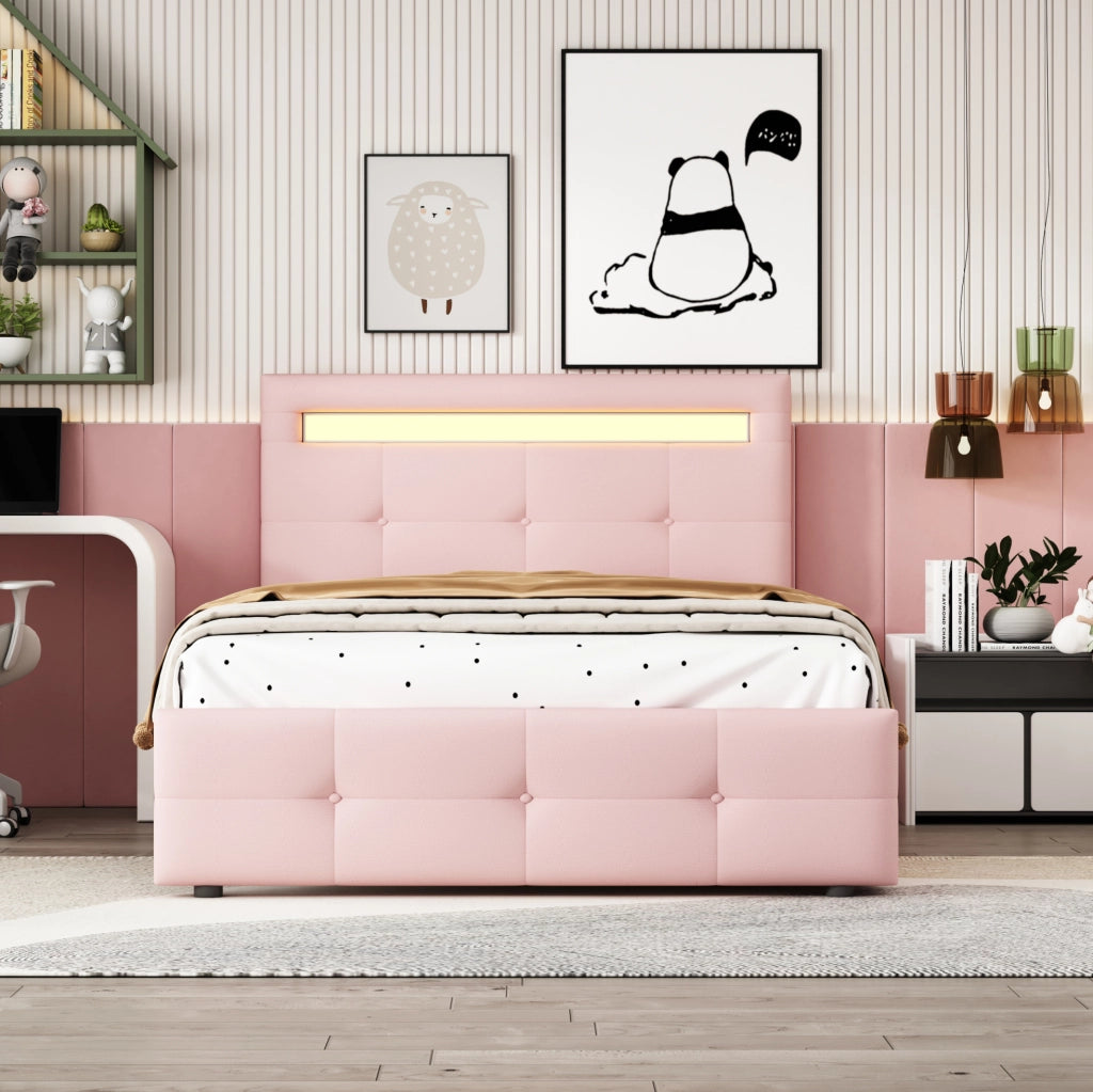 Letto singolo imbottito ULEVR 90x200 cm con LED, 2 cassetti e testiera regolabile, rosa