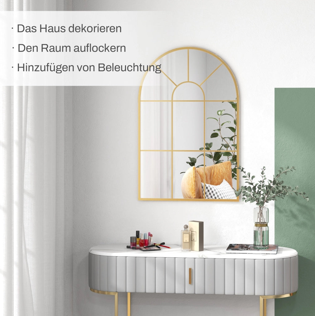 Specchio da parete ad arco con cornice in metallo oro 91x60 cm