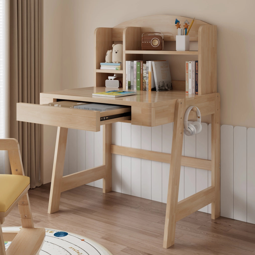 Scrivania per bambini, regolabile in altezza, con cassetto e ripiani, color rovere