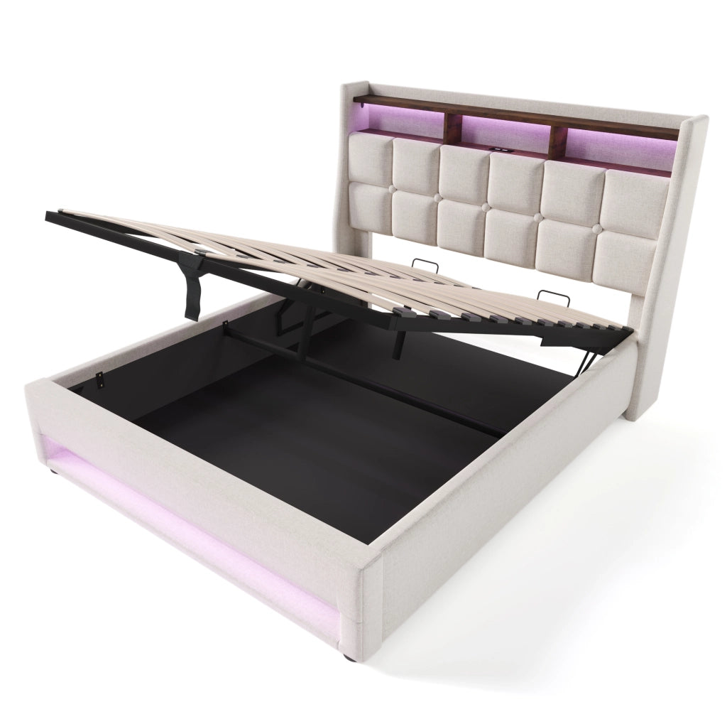 Letto imbottito 140x200 cm; LED e USB; lino beige (Senza materasso)