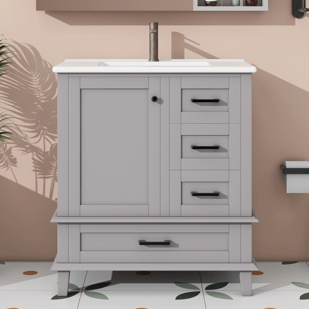Mobile bagno freestanding con lavabo in ceramica integrato, 76x46x83,5 cm, grigio