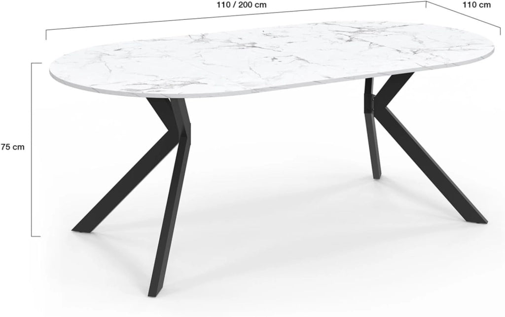 ALIX tavolo da pranzo rotondo allungabile 4-10 persone gamba a ragno nera piano effetto marmo bianco ALASKA 110-200 cm