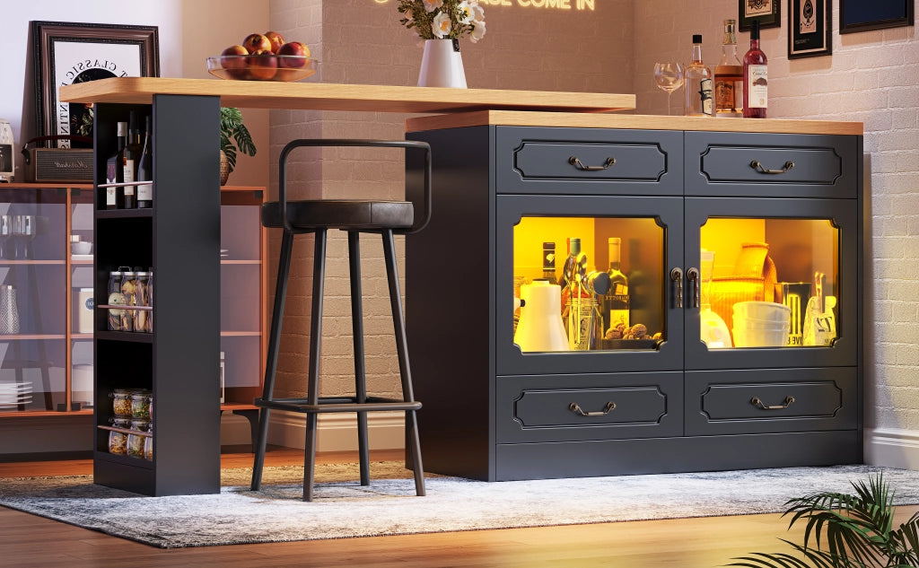 Tavolo Bar Estensibile con 4 Cassetti e Ripiano Laterale; LED e Piano Girevole; in MDF; 135-203x39x92;8 cm