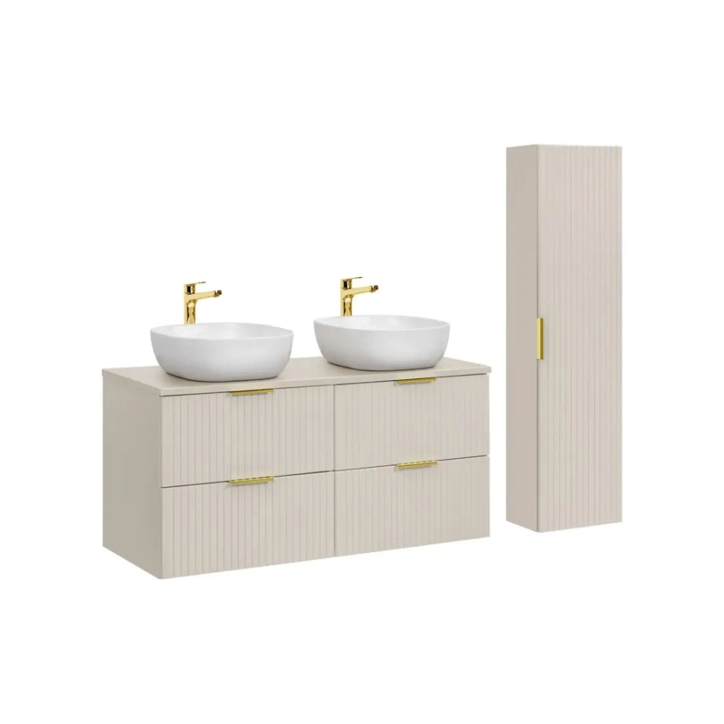 Set da bagno NOXERA 120 cm – Marrone Congo – 2 lavabi da appoggio + 4 cassetti + colonna sospesa