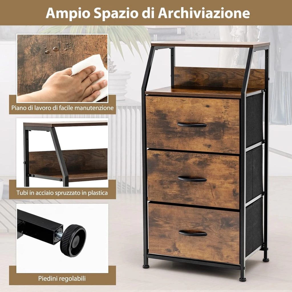 Cassettiera con 3 Cassetti Rimovibili, Ripiano Superiore e Struttura Solida in Acciaio, Mobile con Cassetti per Camera da Letto Soggiorno e Studio, 45 x 29,5 x 92 cm