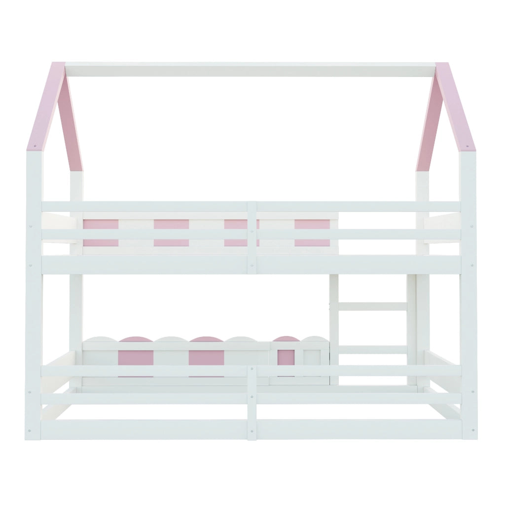 Letto a castello per bambini a forma di casetta 90x200 cm; rosa e bianco; con rete a doghe