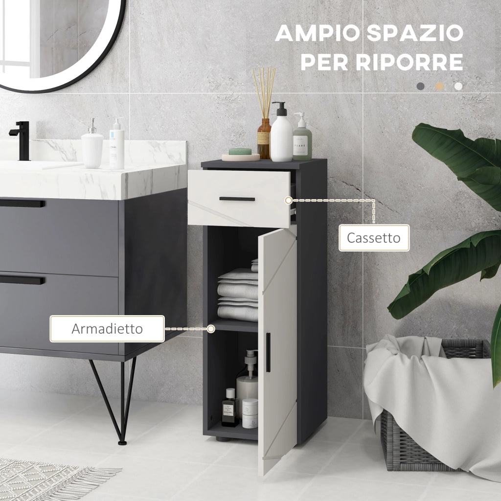 Mobiletto Bagno in Truciolato con Cassetto e Armadietto a 2 Livelli Regolabili, 30x30x82 cm, Grigio