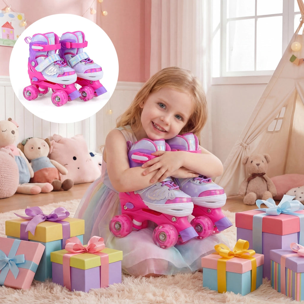 Pattini a rotelle per bambina con diversi strati protettivi e 4 ruote luminose con freno, Pattini a rotelle regolabili in 4 taglie Rosa S