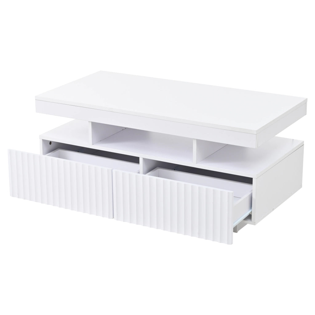 Tavolino da caffè con 2 cassetti; vano aperto e striscia LED - per soggiorno - 100×50×45 cm - in truciolare - bianco