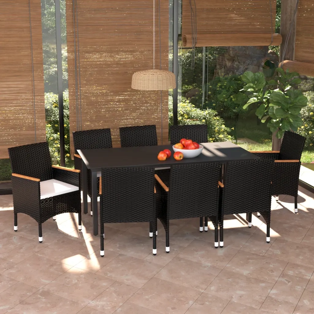 Set Pranzo da Giardino 9 pz con Cuscini in Polyrattan Nero 3095002